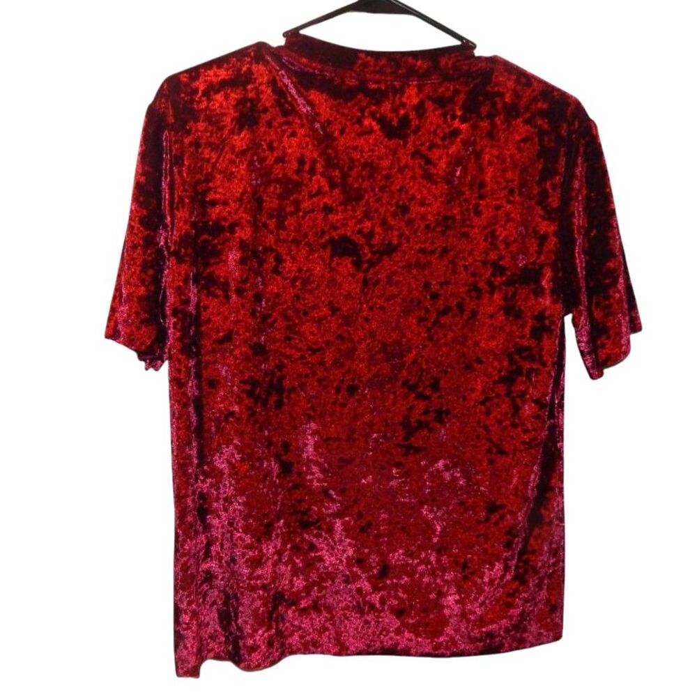 women's small burgundy maroon red crushed velvet short sleeve blouse shirt top - Picture 8 of 9